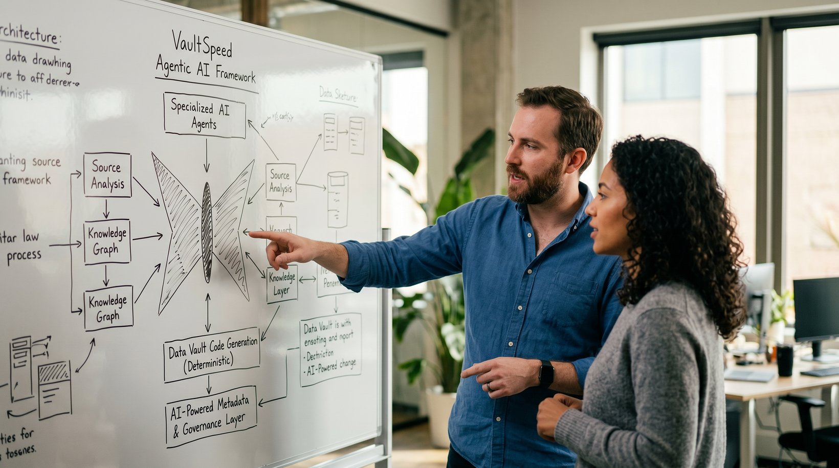 Two colleagues working through a data model on a whiteboard